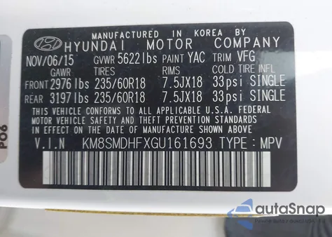 2016 Hyundai Santa Fe Se из США, поврежденный, VIN KM8SMDHFXGU161693